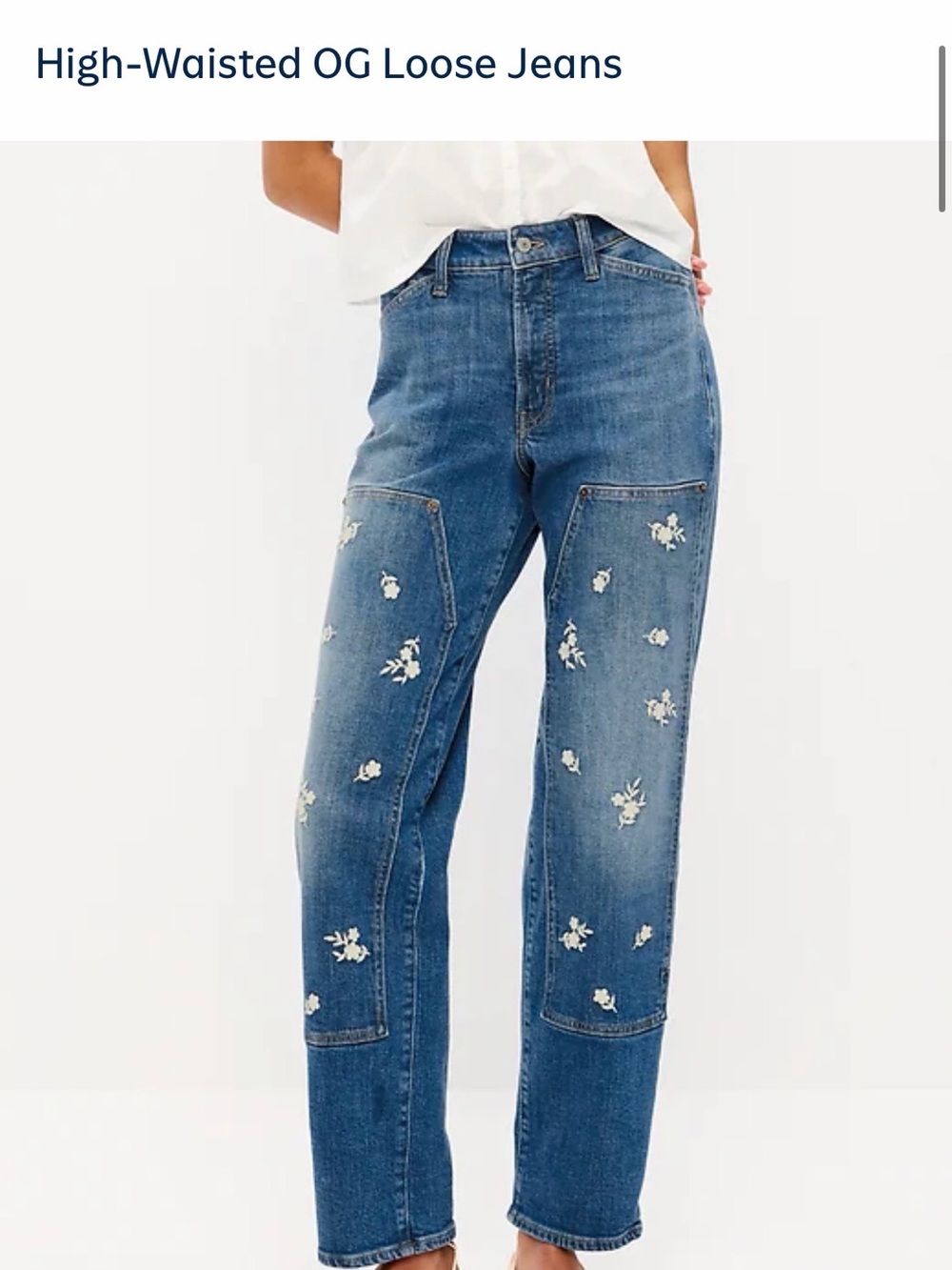 Old Navy Blue Boyfriend Jeans with White Floral Embroidery